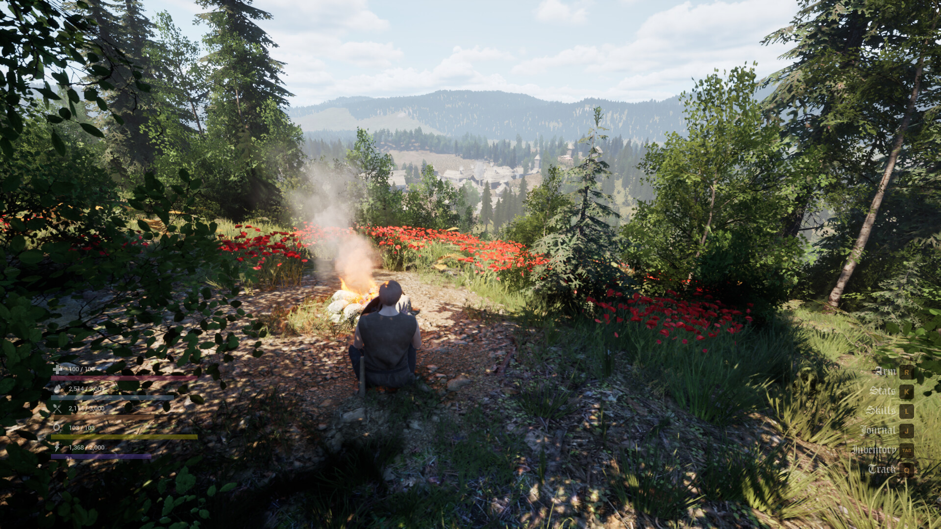 A survivor rests by a campfire above a medieval valley